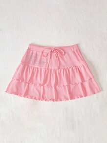 SHEIN Qutie Rhinestone Detail Drawstring Waist Two Layer Hem Skirt - Baby Pink - View 3