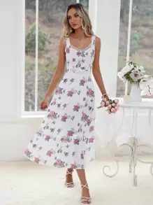 Aveloria Vestido de tirantes con estampado floral al azar con encaje en contraste fruncido trasero bajo con fruncido