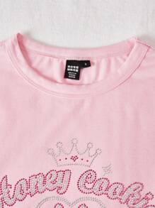 SHEIN EZwear 水鑽字母和蝴蝶結圖案短款T恤 - 淺粉色 - 查看 5