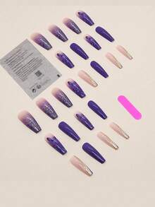 Elevate Your Style with 24pcs Long Coffin Butterfly Glitter Gradient Geometric Shape Pattern Fake Nail & 1sheet Tape & 1pc Nail File - Multicolor - View 2