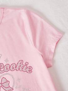 SHEIN EZwear 水鑽字母和蝴蝶結圖案短款T恤 - 淺粉色 - 查看 7