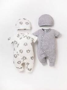 Newborn Baby Boy 2pcs Cartoon Graphic Button Front Jumpsuit & 2pcs Hat - Multicolor - View 1