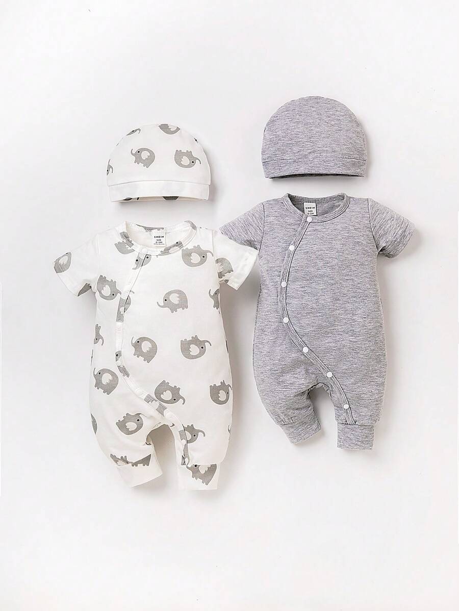 Newborn Baby Boy 2pcs Cartoon Graphic Button Front Jumpsuit & 2pcs Hat - Multicolor - View 1