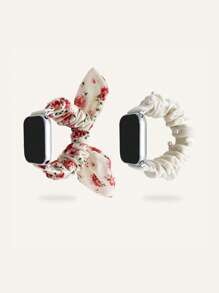 2入組女士花卉紋理混合假珍珠裝飾的蝴蝶結/兔耳朵彈性綁帶手環蘋果手錶帶 - 彩色 - 查看 1