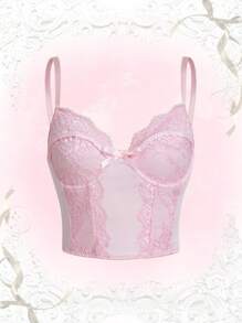 ROMWE Kawaii Top de tirantes con encaje en contraste - Rosa - Ver 1