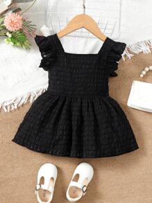 SHEIN Áo sơ mi vải họa tiết cho bé gái mới biết đi, cổ vuông, tay xếp nếp, thắt eo cho mùa hè - màu đen - Xem 1