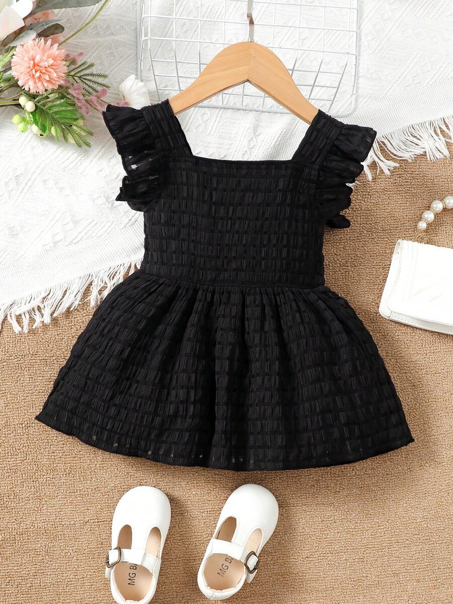 SHEIN Áo sơ mi vải họa tiết cho bé gái mới biết đi, cổ vuông, tay xếp nếp, thắt eo cho mùa hè - màu đen - Xem 1