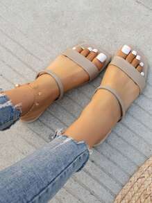 女士平底凉鞋，新款夏季时尚方头一脚蹬平底鞋，黑色、白色、金色、银色、红色、蓝色，舒适沙滩休闲拖鞋 - 卡其色 - 查看 4