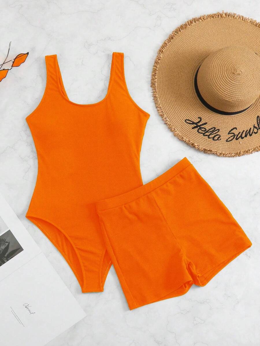 SHEIN Swim Summer Beach Solid Ribbed One Piece Swimsuit With Beach Shorts, Bathing Suit - Orange - View 1