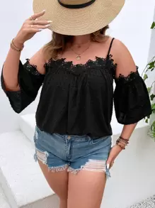 SHEIN Holidaya Plus Swiss Dot Guipure Lace Appliques Cold Shoulder Blouse - Black - View 1
