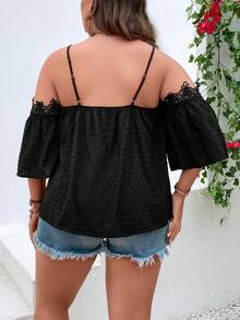 SHEIN Holidaya Plus Swiss Dot Guipure Lace Appliques Cold Shoulder Blouse - Black - View 2