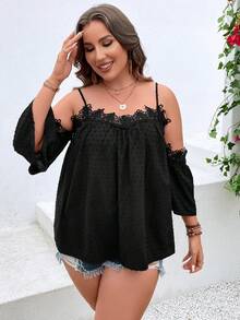 SHEIN Holidaya Plus Swiss Dot Guipure Lace Appliques Cold Shoulder Blouse - Black - View 4