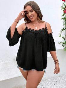 SHEIN Holidaya Plus Swiss Dot Guipure Lace Appliques Cold Shoulder Blouse - Black - View 6