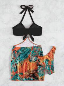 熱帶圖案掛脖比基尼泳裝附沙灘裙 - 黑色 - 查看 2