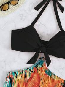 熱帶圖案掛脖比基尼泳裝附沙灘裙 - 黑色 - 查看 3