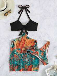 熱帶圖案掛脖比基尼泳裝附沙灘裙 - 黑色 - 查看 4