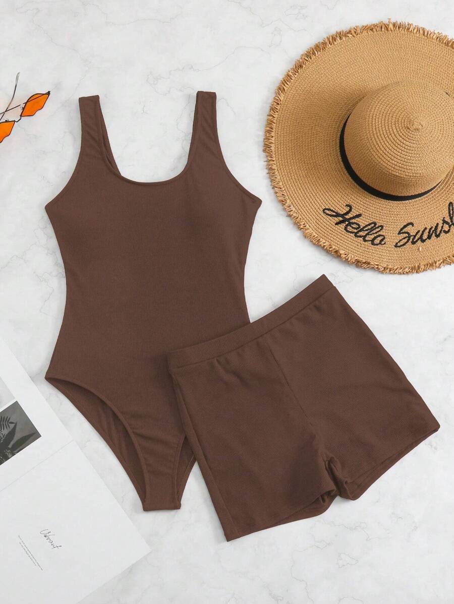 SHEIN Swim 夏季海灘純色連體泳衣配沙灘褲,泳裝 - 咖啡棕 - 查看 1
