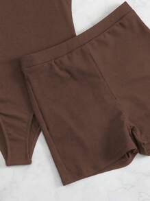 SHEIN Swim 夏季海灘純色連體泳衣配沙灘褲，泳裝 - 咖啡棕 - 查看 5
