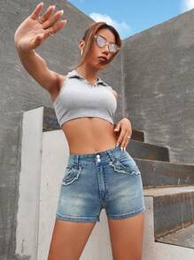 Quần short denim nữ Nút Túi Dây kéo màu trơn - Rửa nhẹ - Xem 3
