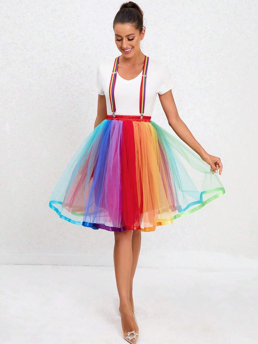 Colorblock Mesh Overlay Skirt - Multicolor - View 1