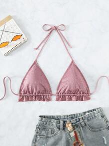 網眼刺繡吊脖三角杯比基尼上衣 - 藕粉色 - 查看 6