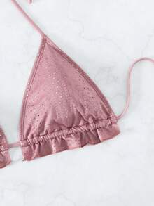 網眼刺繡吊脖三角杯比基尼上衣 - 藕粉色 - 查看 7