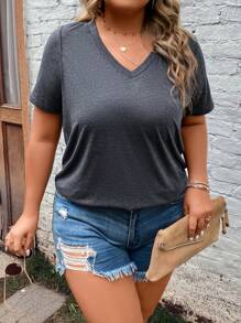 SHEIN LUNE Plus Solid V Neck Tee - Dark Grey - View 4