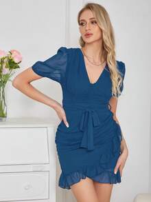 Eilly Bazar Vestido con cinturón de manga farol fruncido ribete con fruncido - Azul - Ver 5