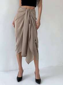 DAZY Solid Knot Front Wrap Skirt - Khaki - View 1