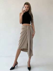 DAZY Solid Knot Front Wrap Skirt - Khaki - View 3