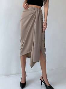 DAZY Solid Knot Front Wrap Skirt - Khaki - View 6
