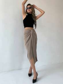 DAZY Solid Knot Front Wrap Skirt - Khaki - View 8