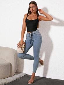 PARTHEA Draped Collar Boning Mesh Corset Cami Top - Black - View 8