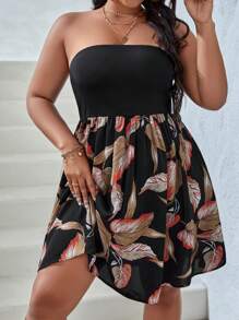 SHEIN VCAY Plus Plants Print Tube Dress - Multicolor - View 1