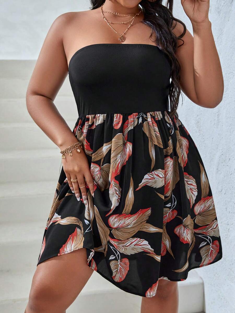 SHEIN VCAY Plus Plants Print Tube Dress - Multicolor - View 1