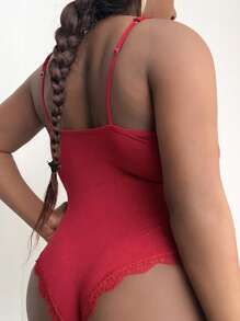 Plus Lace Trim Bow Front Cami Bodysuit - Burgundy - View 2