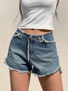 DAZY 毛邊緣牛仔短褲 - 中等水洗藍 - 查看 1