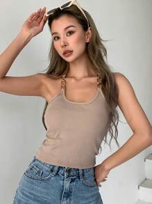 DAZY Chi tiết chuỗi Crop Tank Top - Màu Khaki - Xem 5