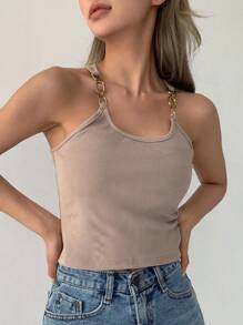 DAZY Chi tiết chuỗi Crop Tank Top - Màu Khaki - Xem 6