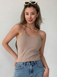 DAZY Chi tiết chuỗi Crop Tank Top - Màu Khaki - Xem 7