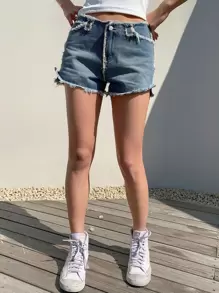 DAZY 毛邊緣牛仔短褲 - 中等水洗藍 - 查看 8