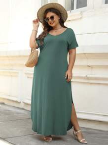Plus Solid Batwing Sleeve Tee Dress - Army Green - View 1