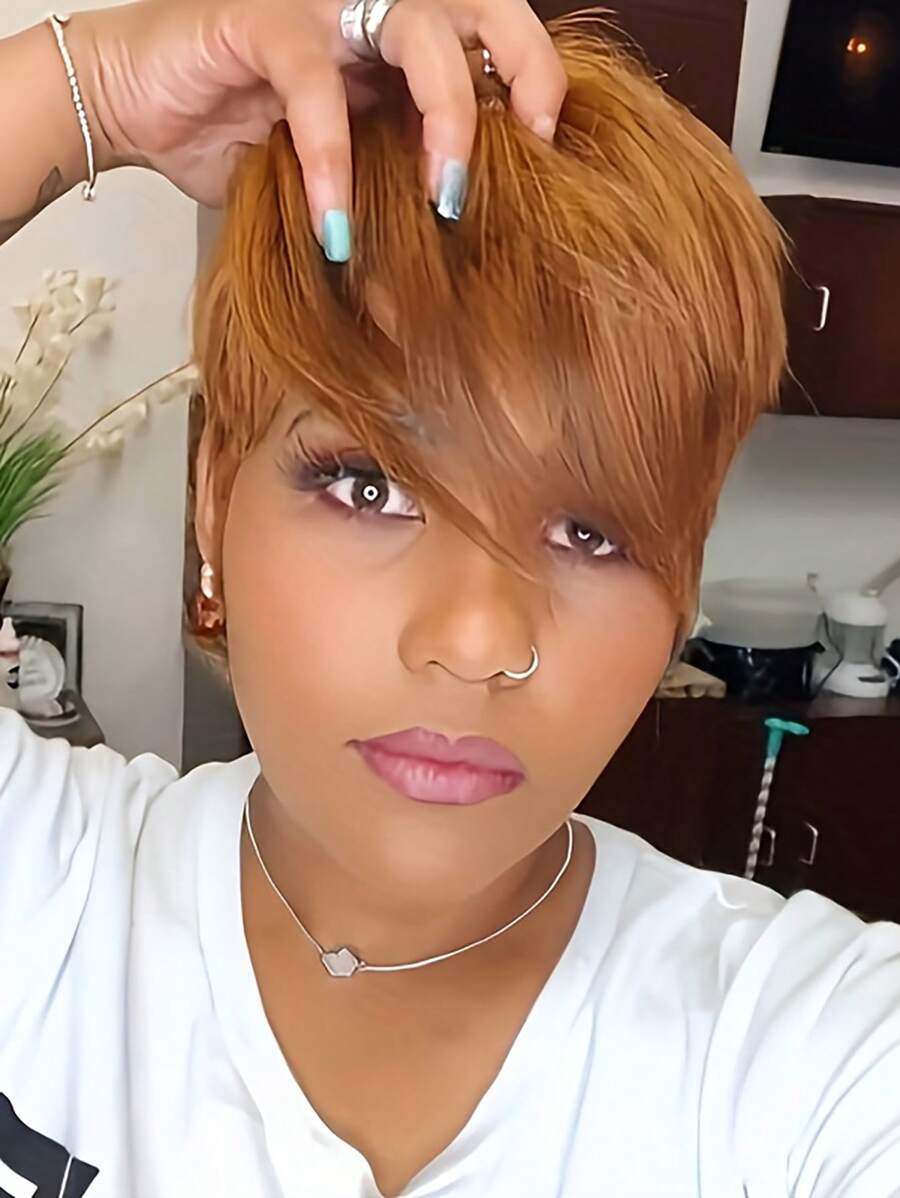 Peluca sintética corto recto con tupe - Bronce - Ver 1