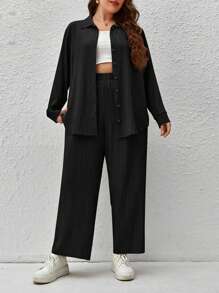 SHEIN Essnce 大碼褶皺前紐扣襯衫和闊腿褲 - 黑色 - 查看 1