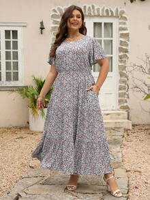 Nemidor 大碼碎花蝴蝶袖荷葉邊連衣裙 - 彩色 - 查看 4