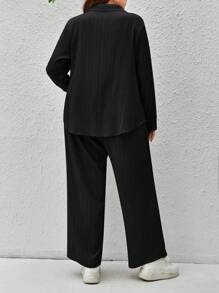 SHEIN Essnce 大碼褶皺前紐扣襯衫和闊腿褲 - 黑色 - 查看 2