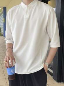 DAZY Men Solid Quarter Button Baseball Collar Polo Shirt - White - View 1