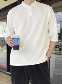 DAZY Men Solid Quarter Button Baseball Collar Polo Shirt - White - View 4