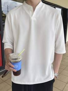 DAZY Men Solid Quarter Button Baseball Collar Polo Shirt - White - View 6