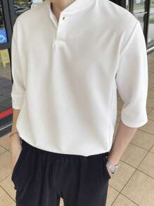 DAZY Men Solid Quarter Button Baseball Collar Polo Shirt - White - View 7